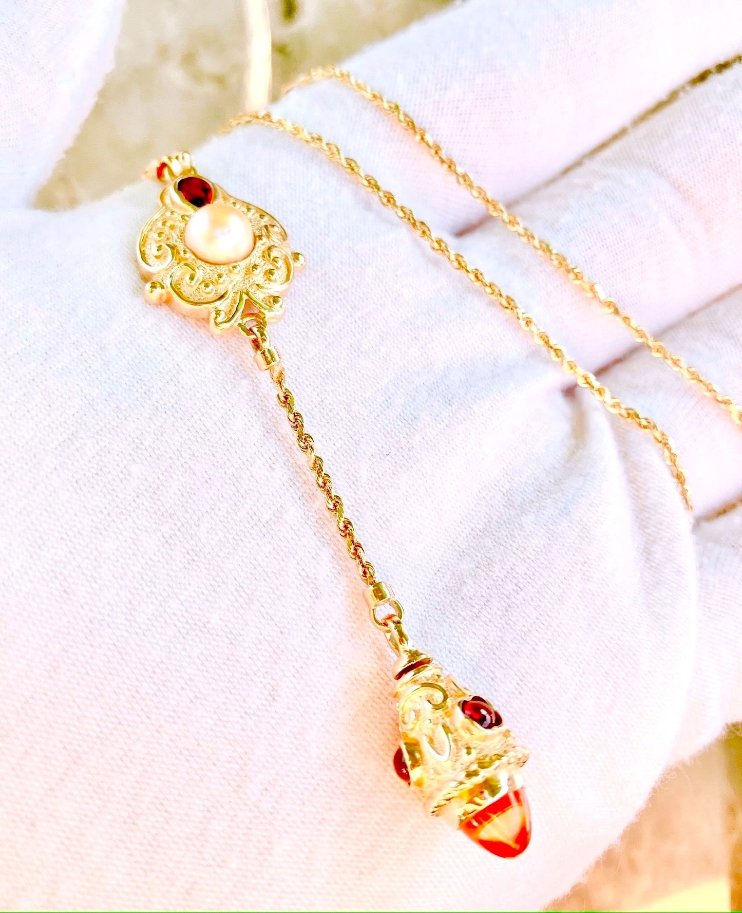 14k Gold Pearl, Garnet, and Citrine Dangle Necklace