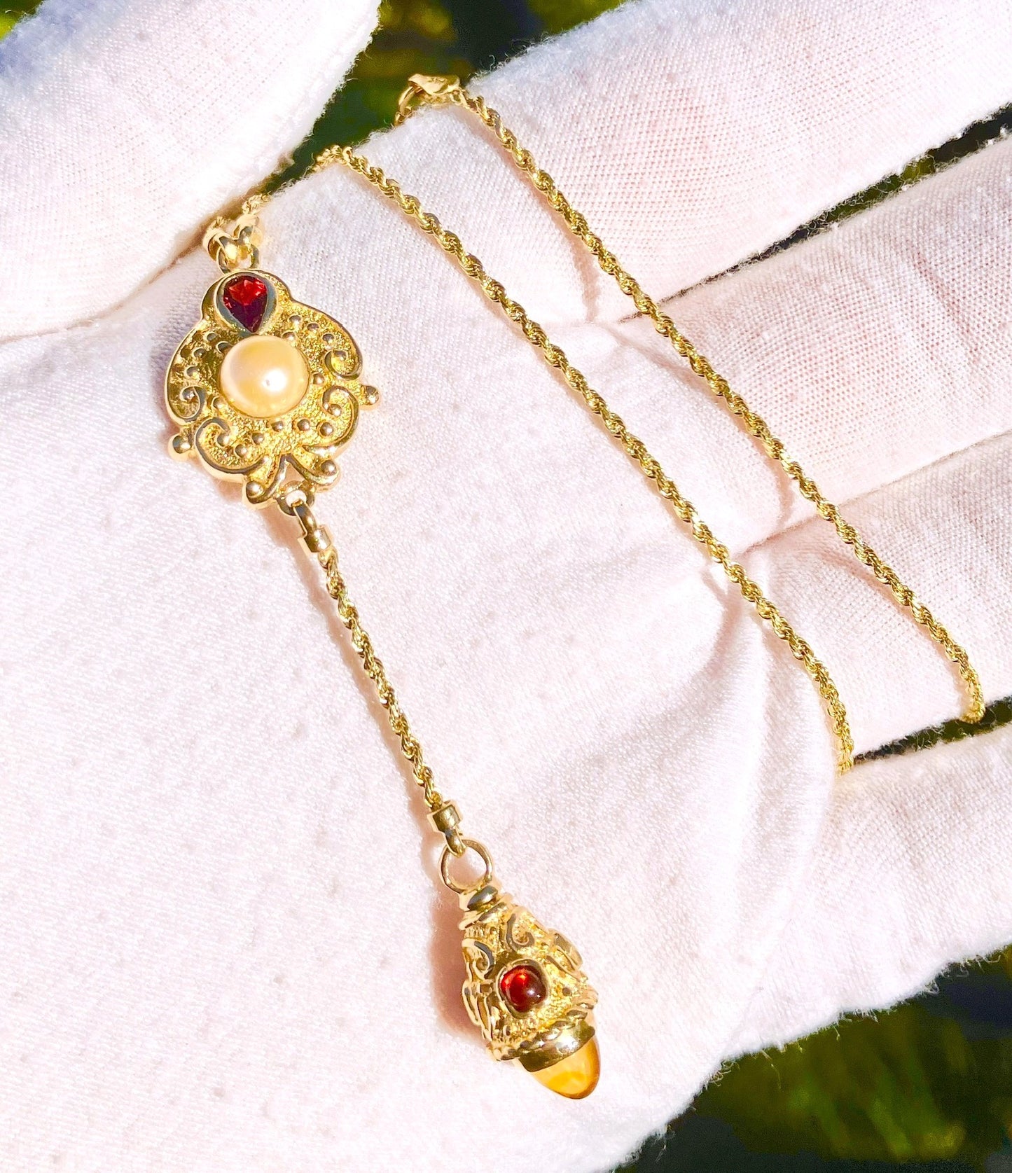 14k Gold Pearl, Garnet, and Citrine Dangle Necklace