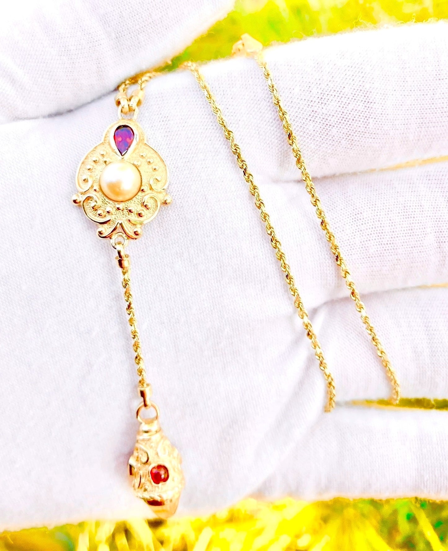 14k Gold Pearl, Garnet, and Citrine Dangle Necklace