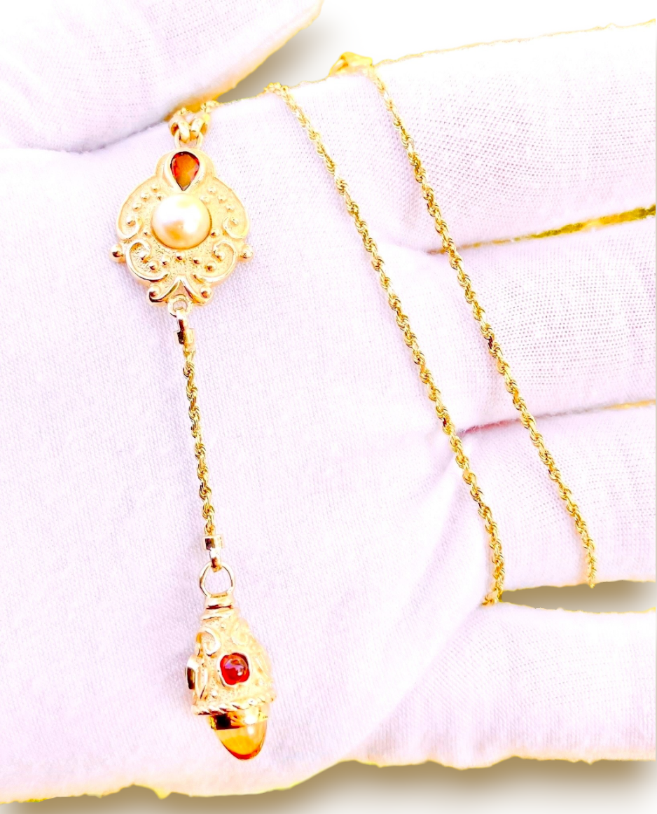 14k Gold Pearl, Garnet, and Citrine Dangle Necklace