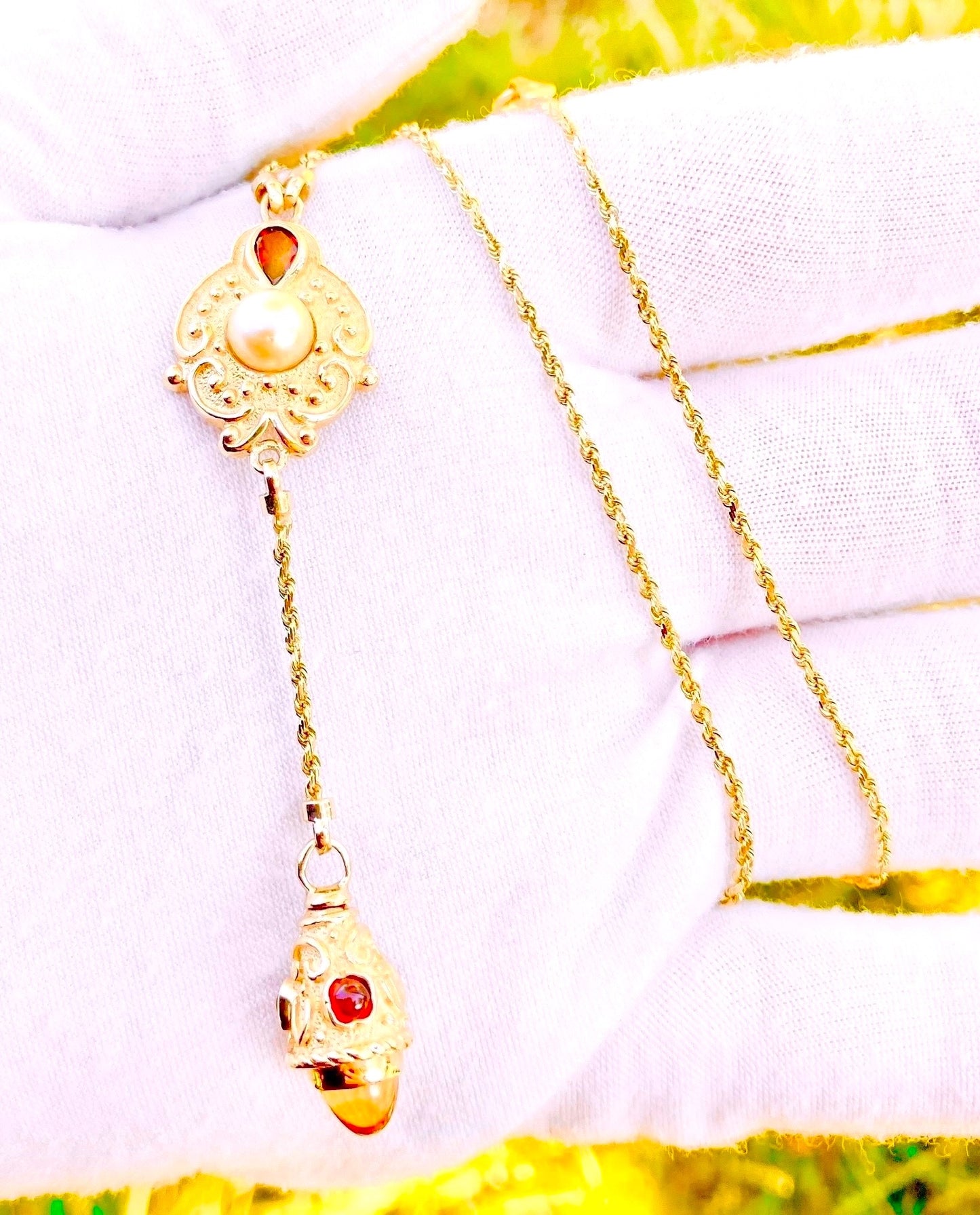 14k Gold Pearl, Garnet, and Citrine Dangle Necklace