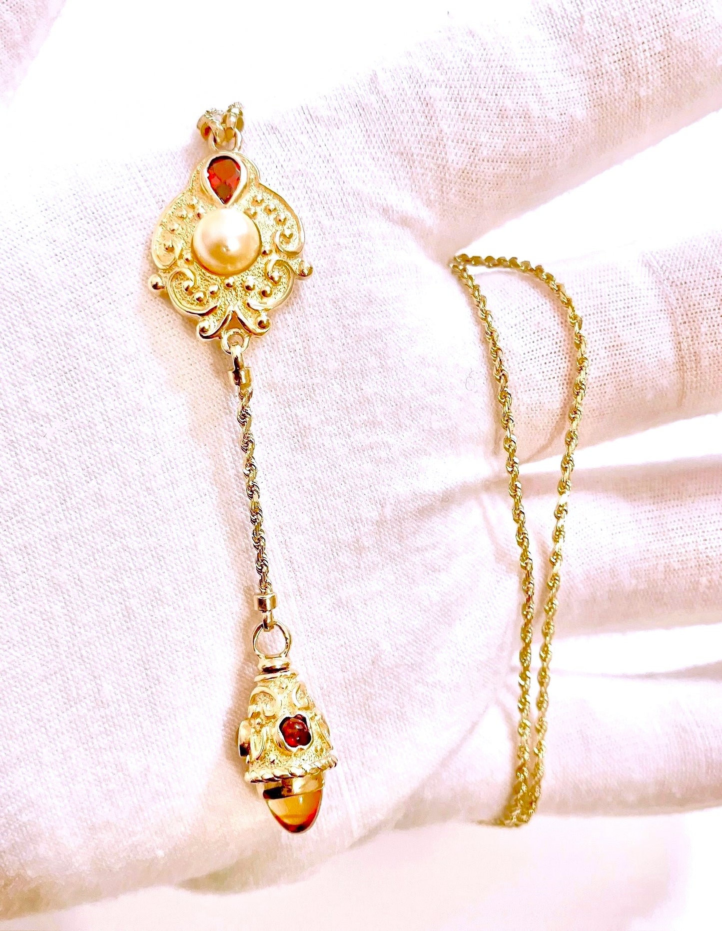 14k Gold Pearl, Garnet, and Citrine Dangle Necklace