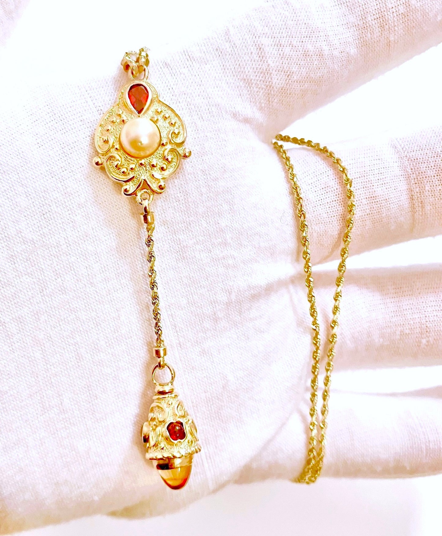 14k Gold Pearl, Garnet, and Citrine Dangle Necklace