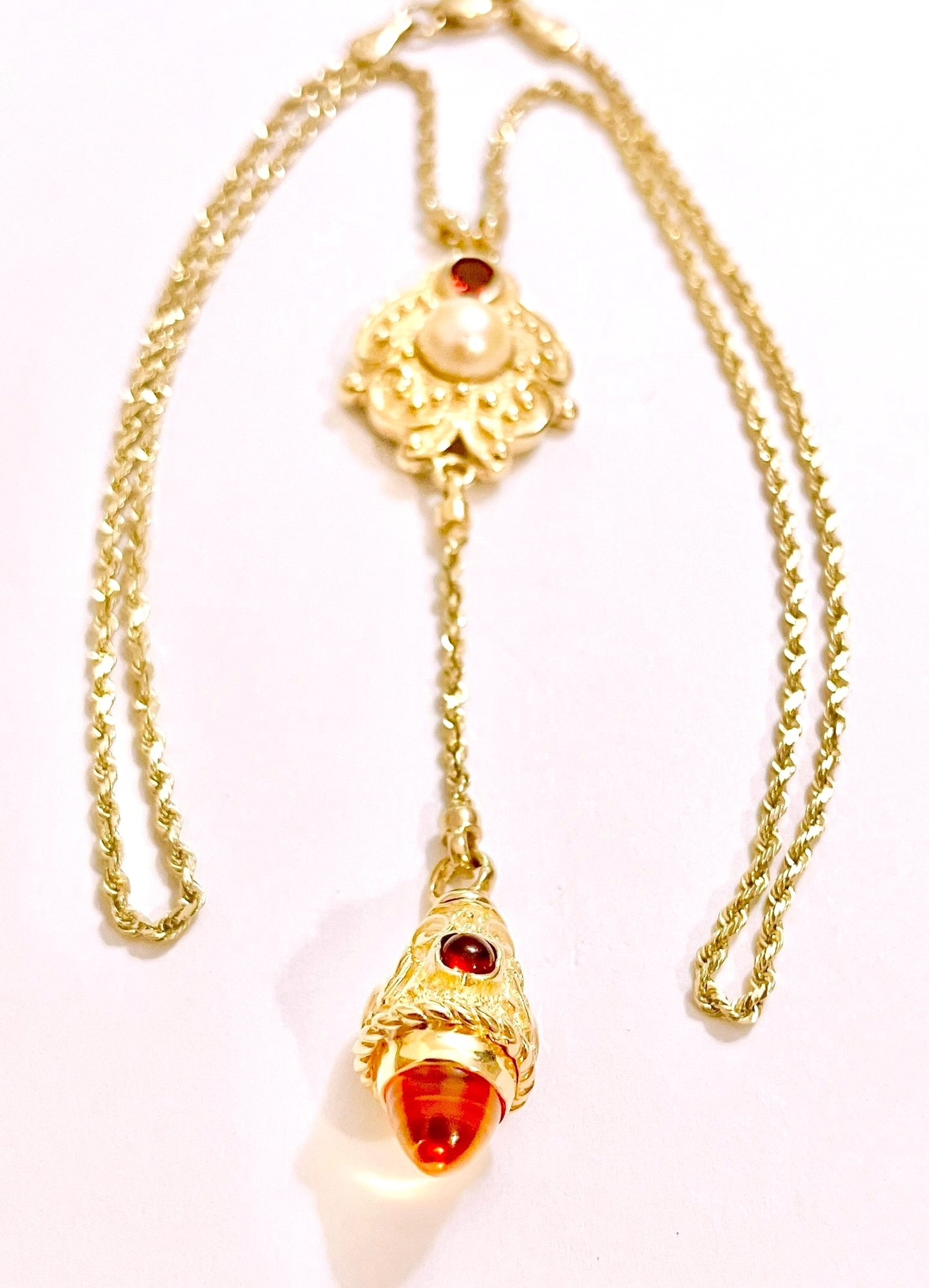 14k Gold Pearl, Garnet, and Citrine Dangle Necklace