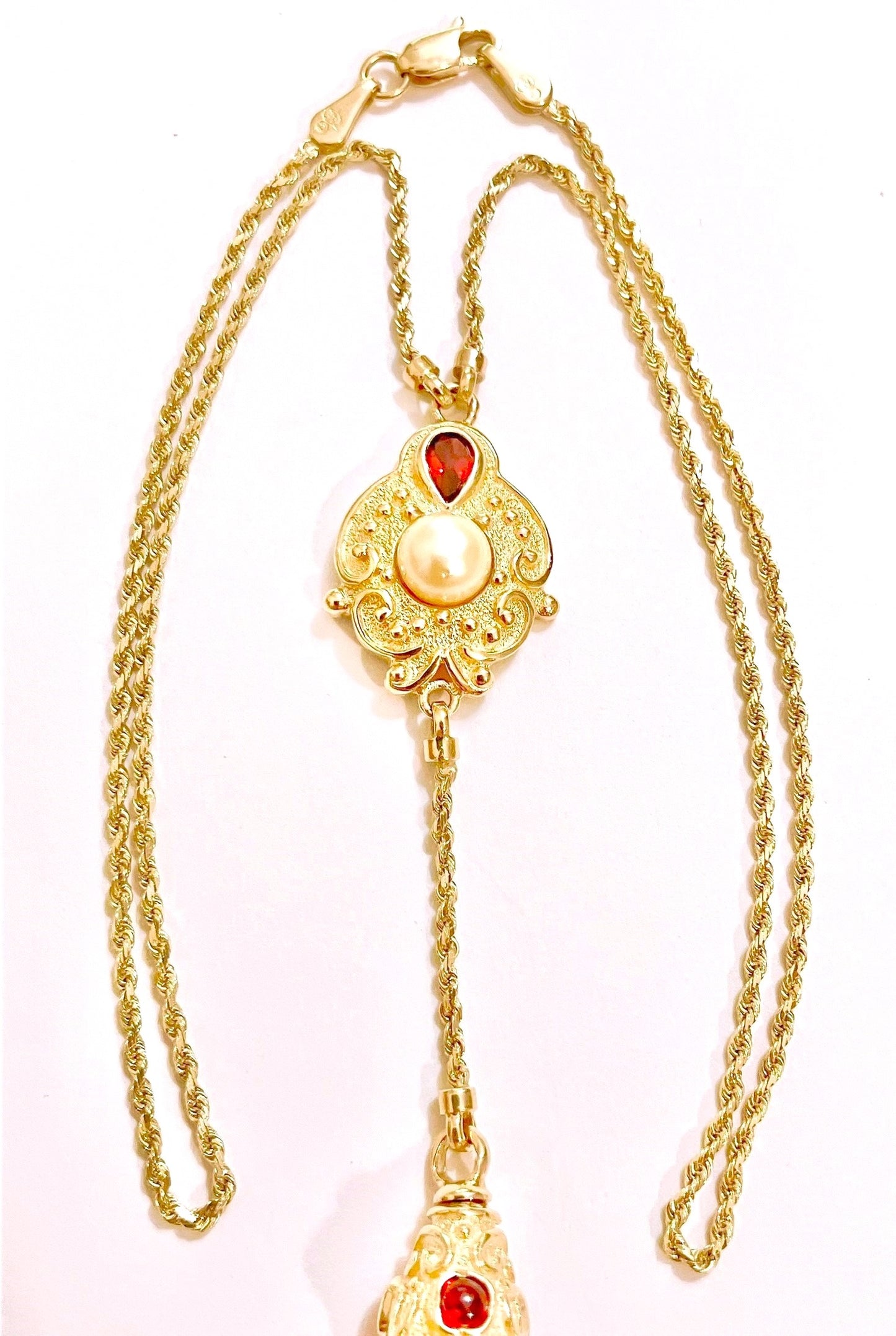 14k Gold Pearl, Garnet, and Citrine Dangle Necklace