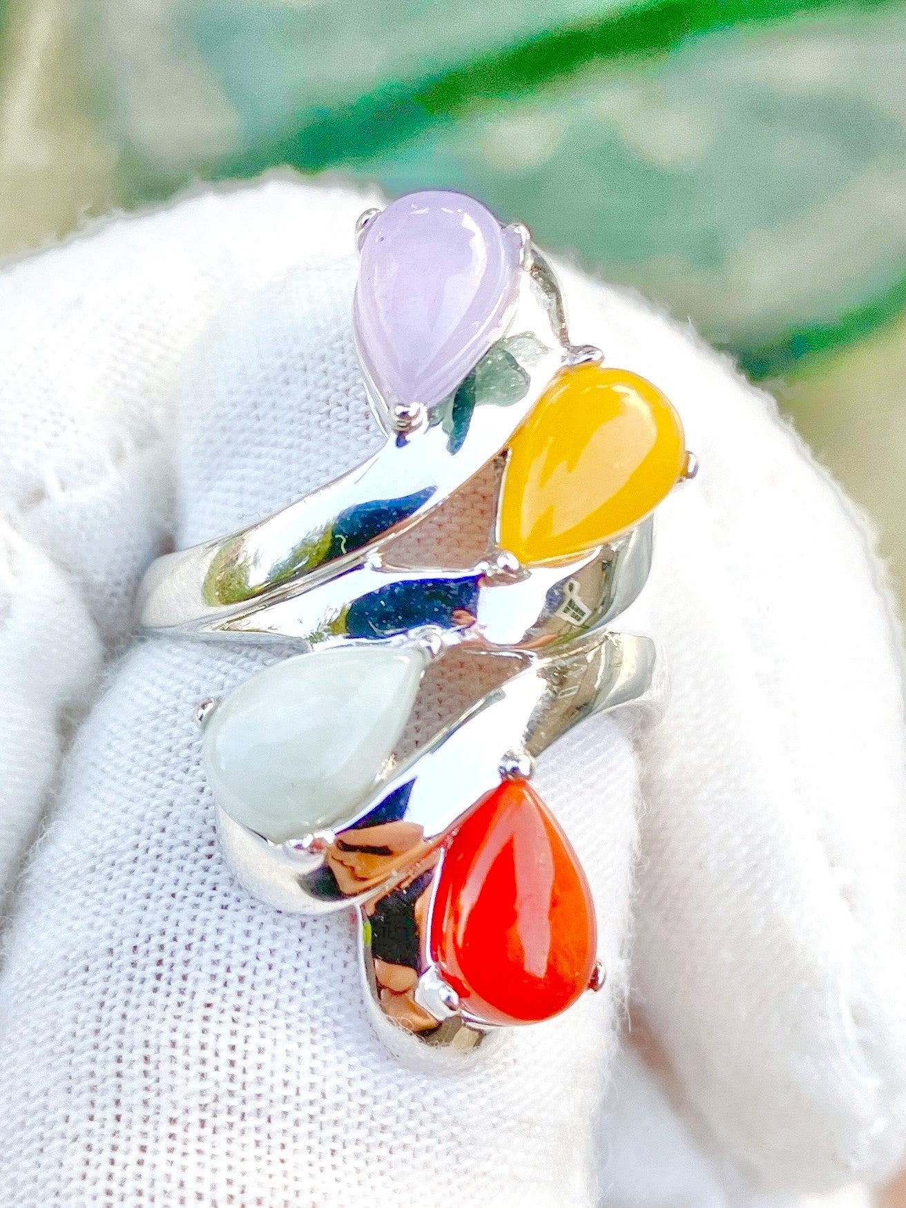 Pear Cut Cabochon Multi-Color Jade in Multi-Split Shank Ring