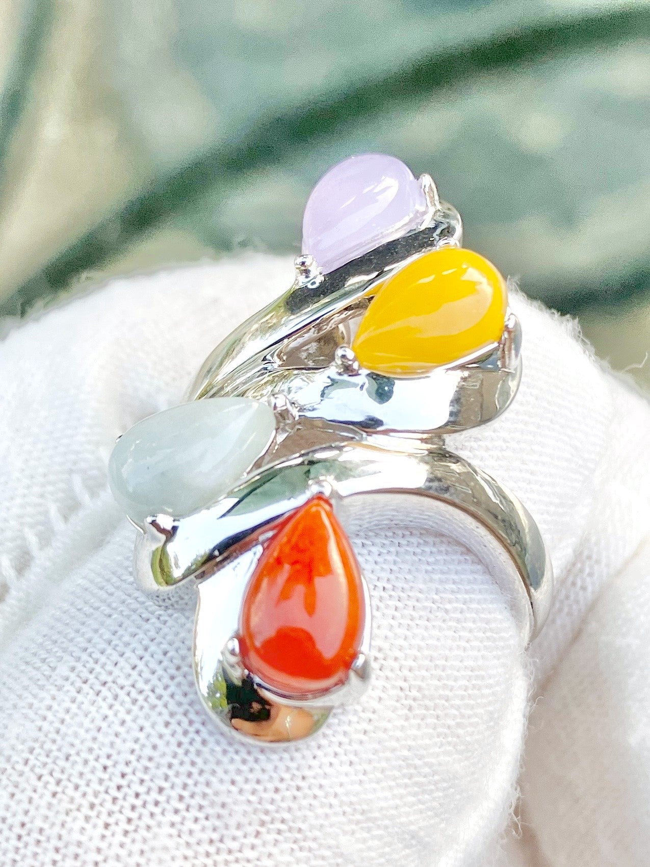Pear Cut Cabochon Multi-Color Jade in Multi-Split Shank Ring