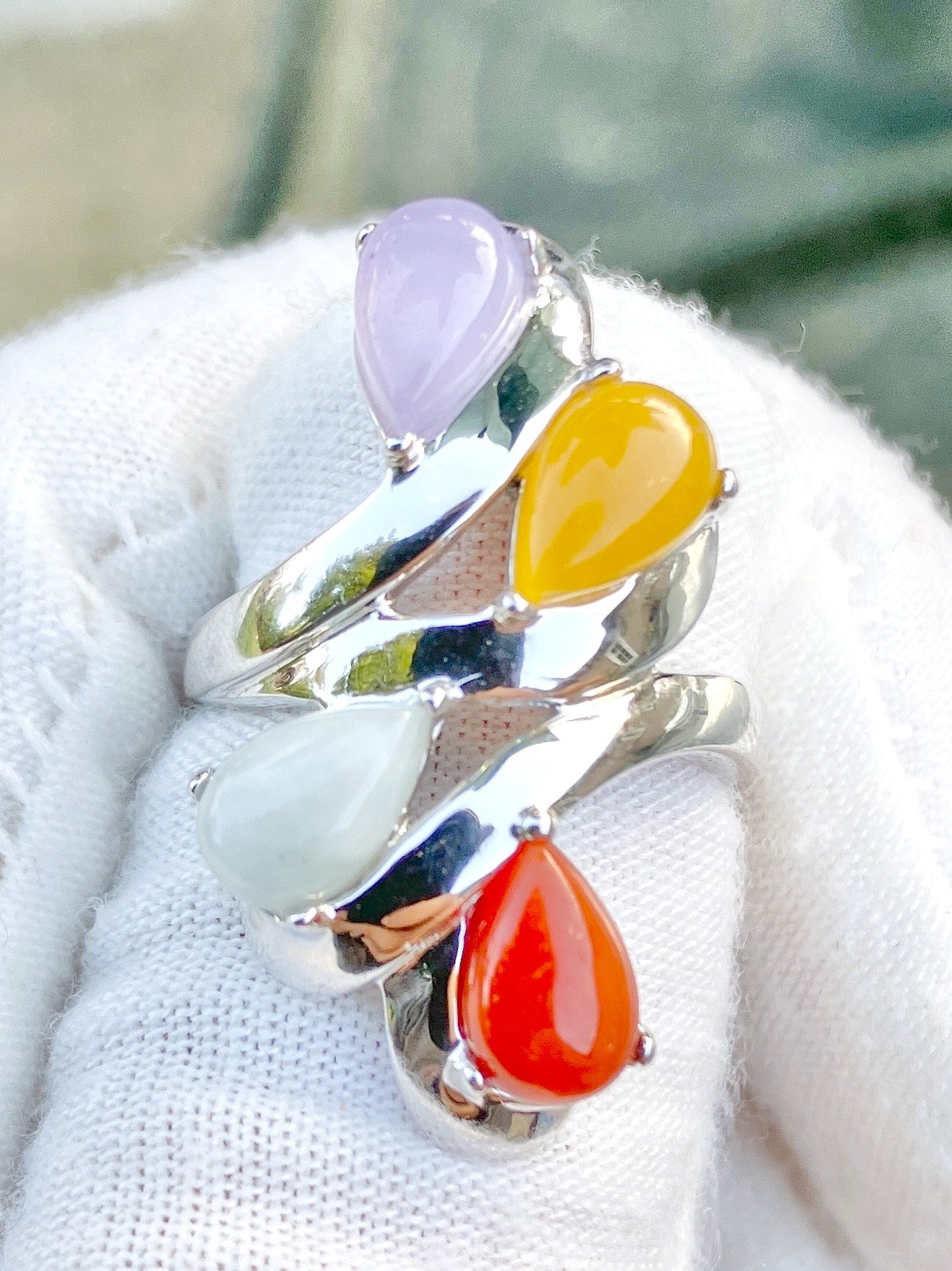Pear Cut Cabochon Multi-Color Jade in Multi-Split Shank Ring