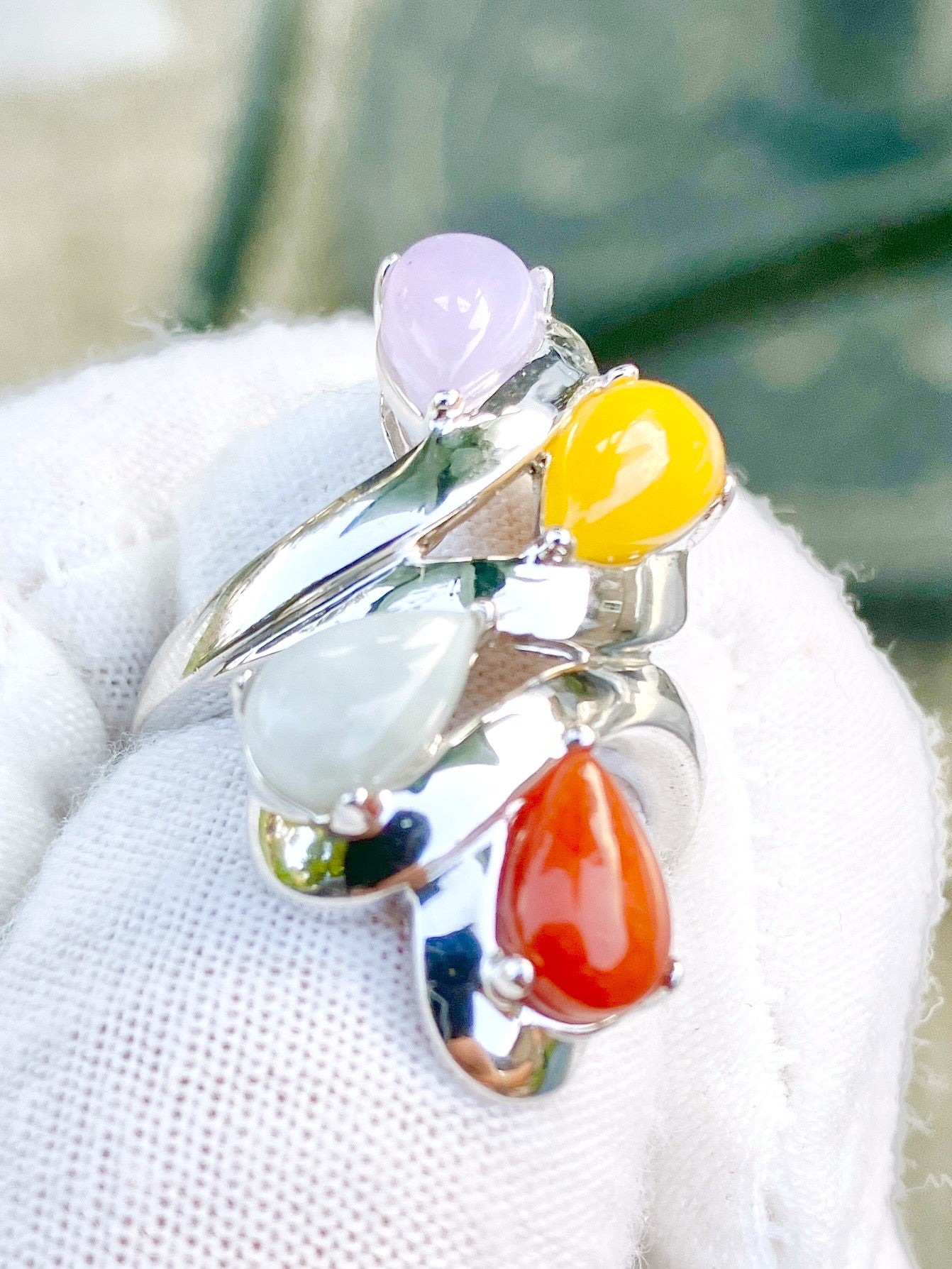 Pear Cut Cabochon Multi-Color Jade in Multi-Split Shank Ring