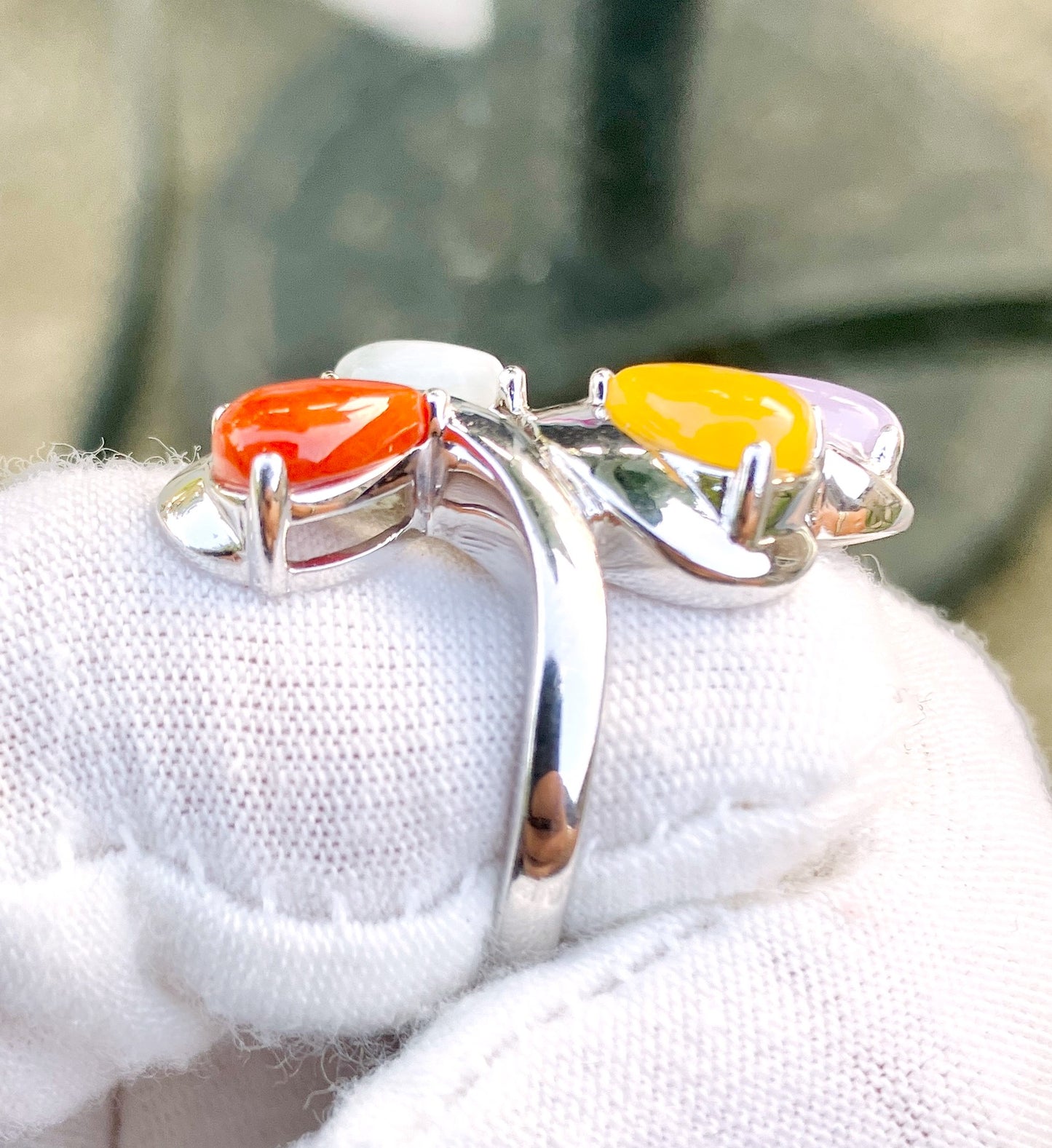 Pear Cut Cabochon Multi-Color Jade in Multi-Split Shank Ring