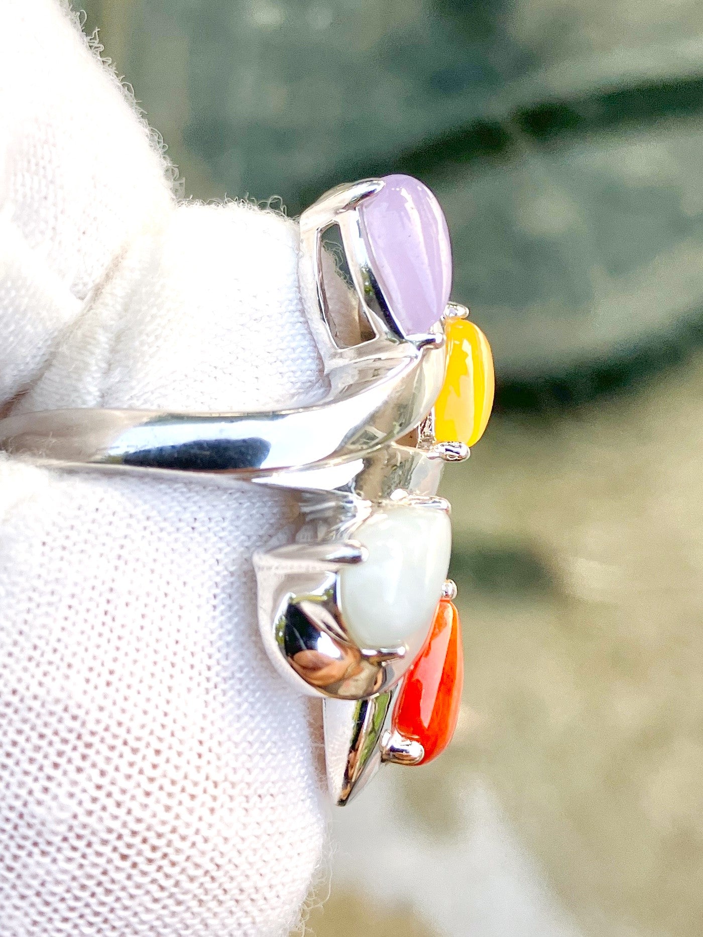 Pear Cut Cabochon Multi-Color Jade in Multi-Split Shank Ring