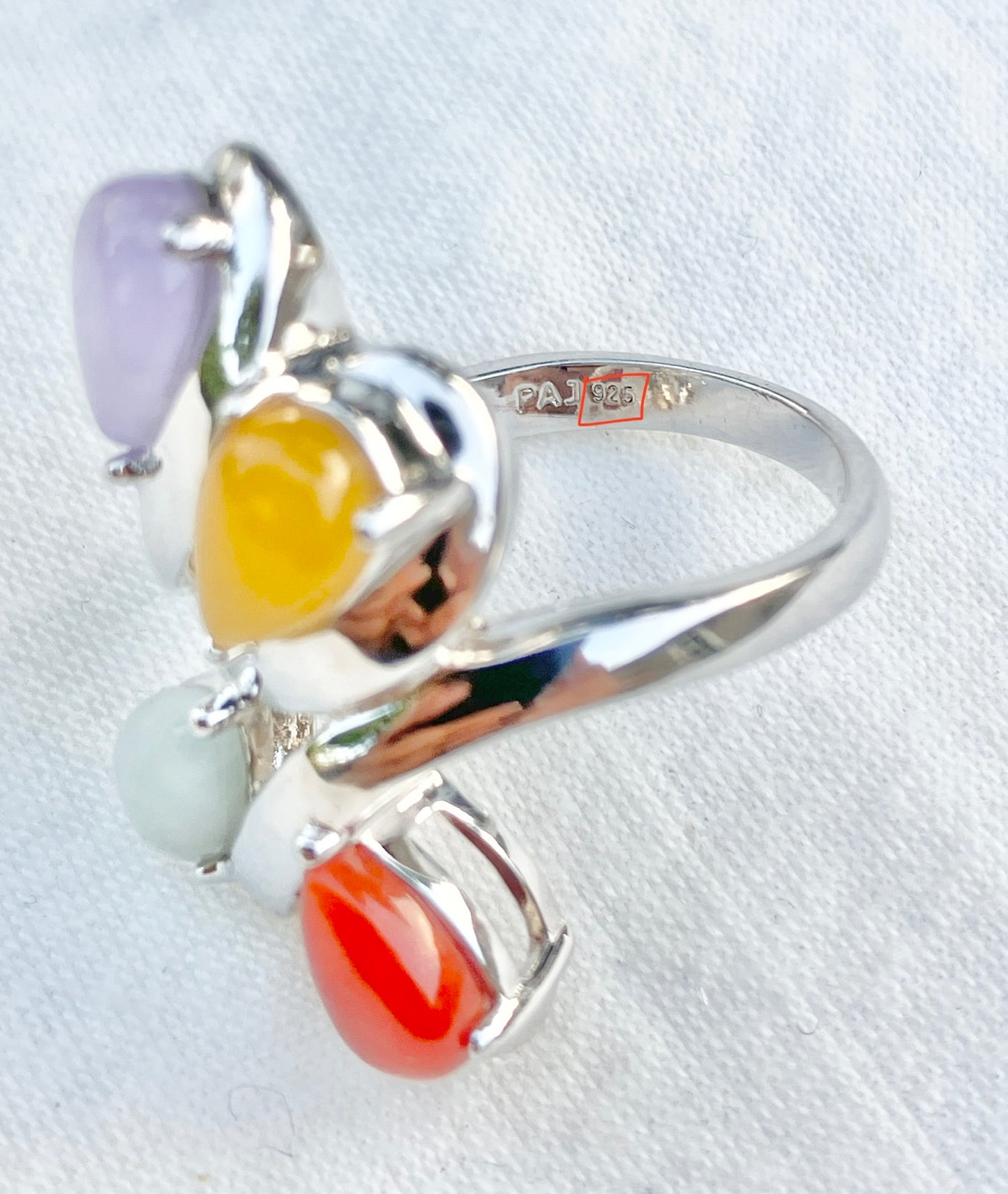 Pear Cut Cabochon Multi-Color Jade in Multi-Split Shank Ring