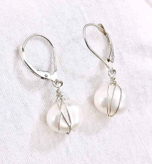 Oval Pearl Basket Leverback Earrings