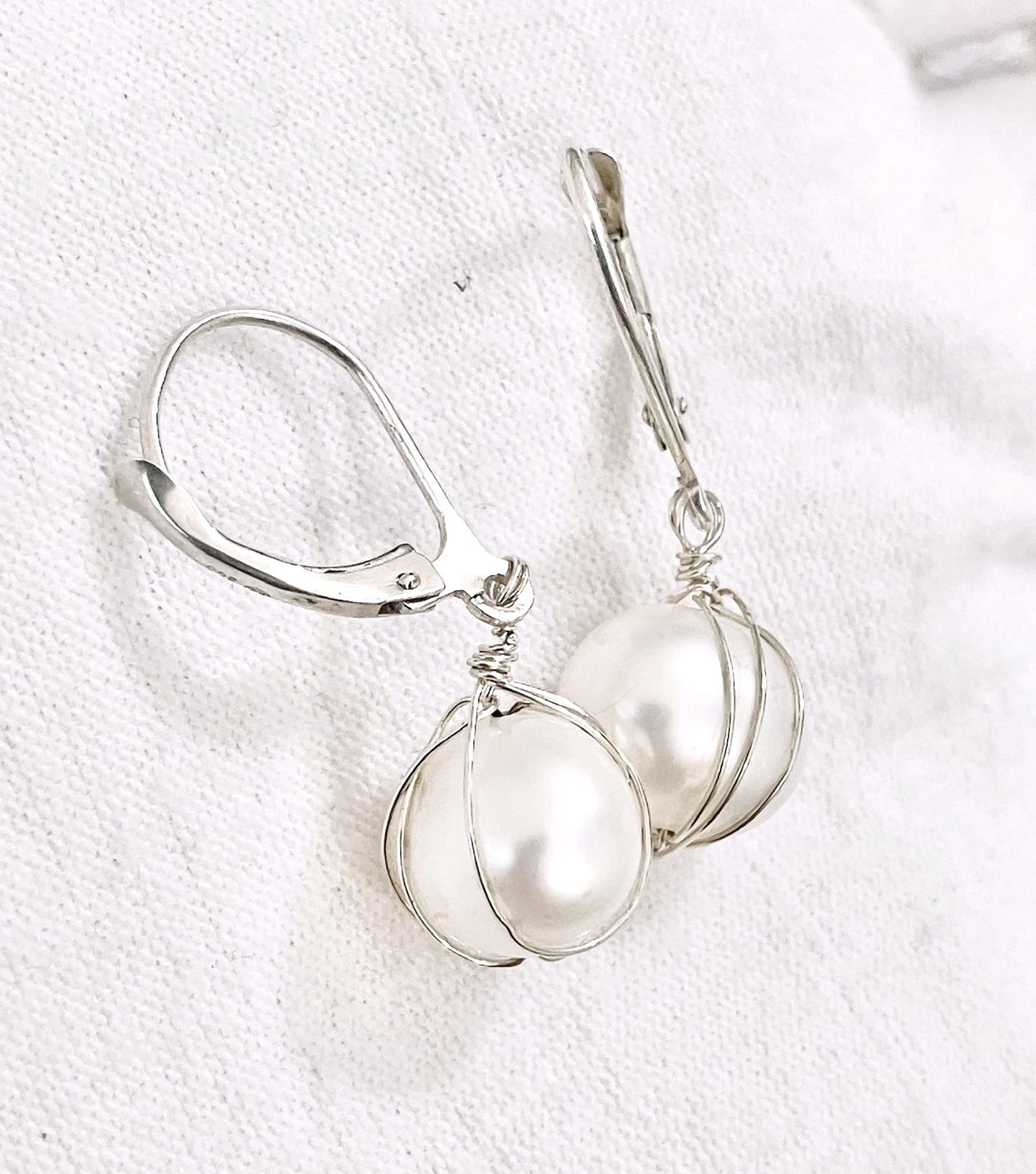Oval Pearl Basket Leverback Earrings