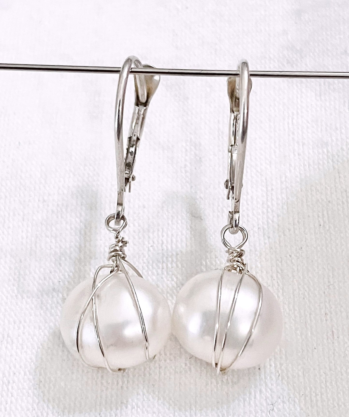 Oval Pearl Basket Leverback Earrings