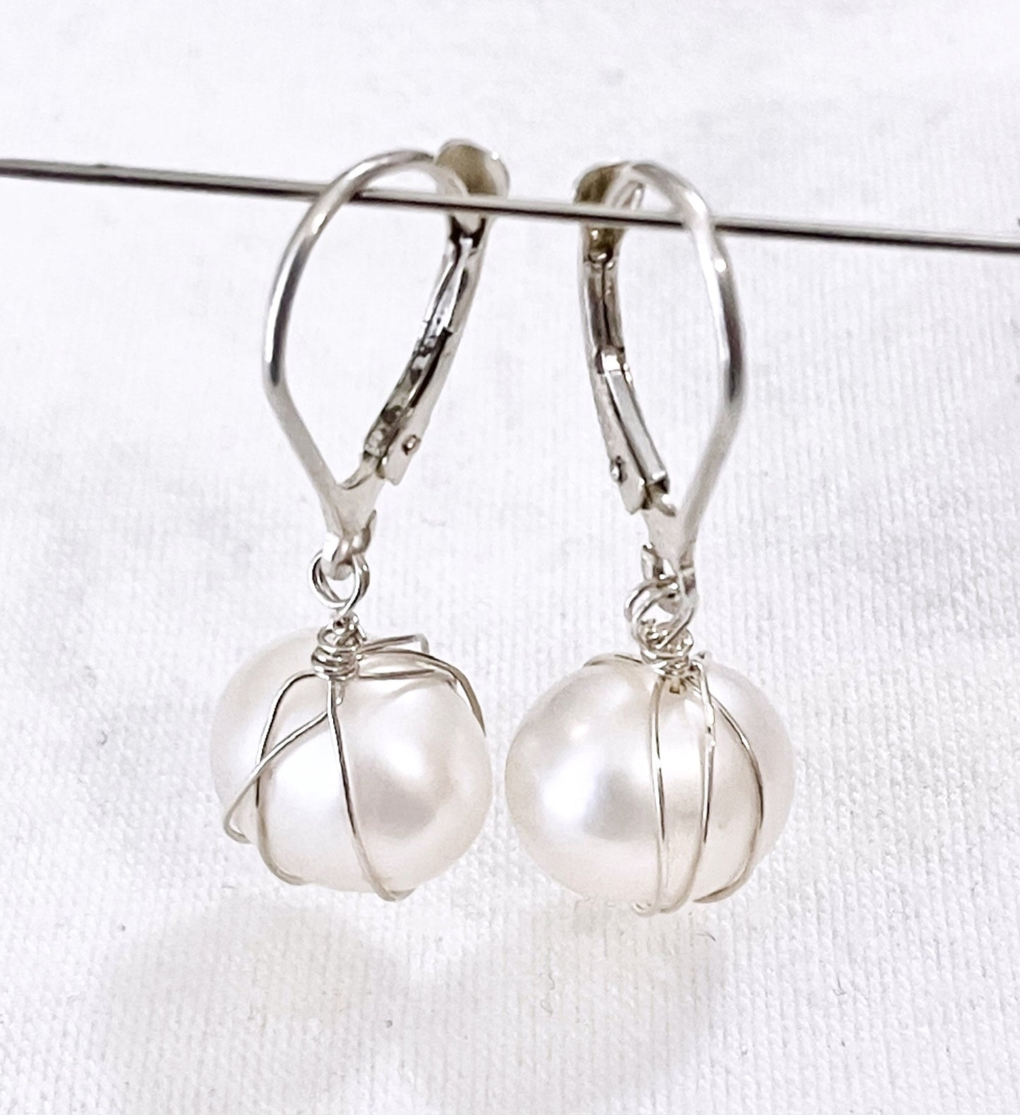 Oval Pearl Basket Leverback Earrings