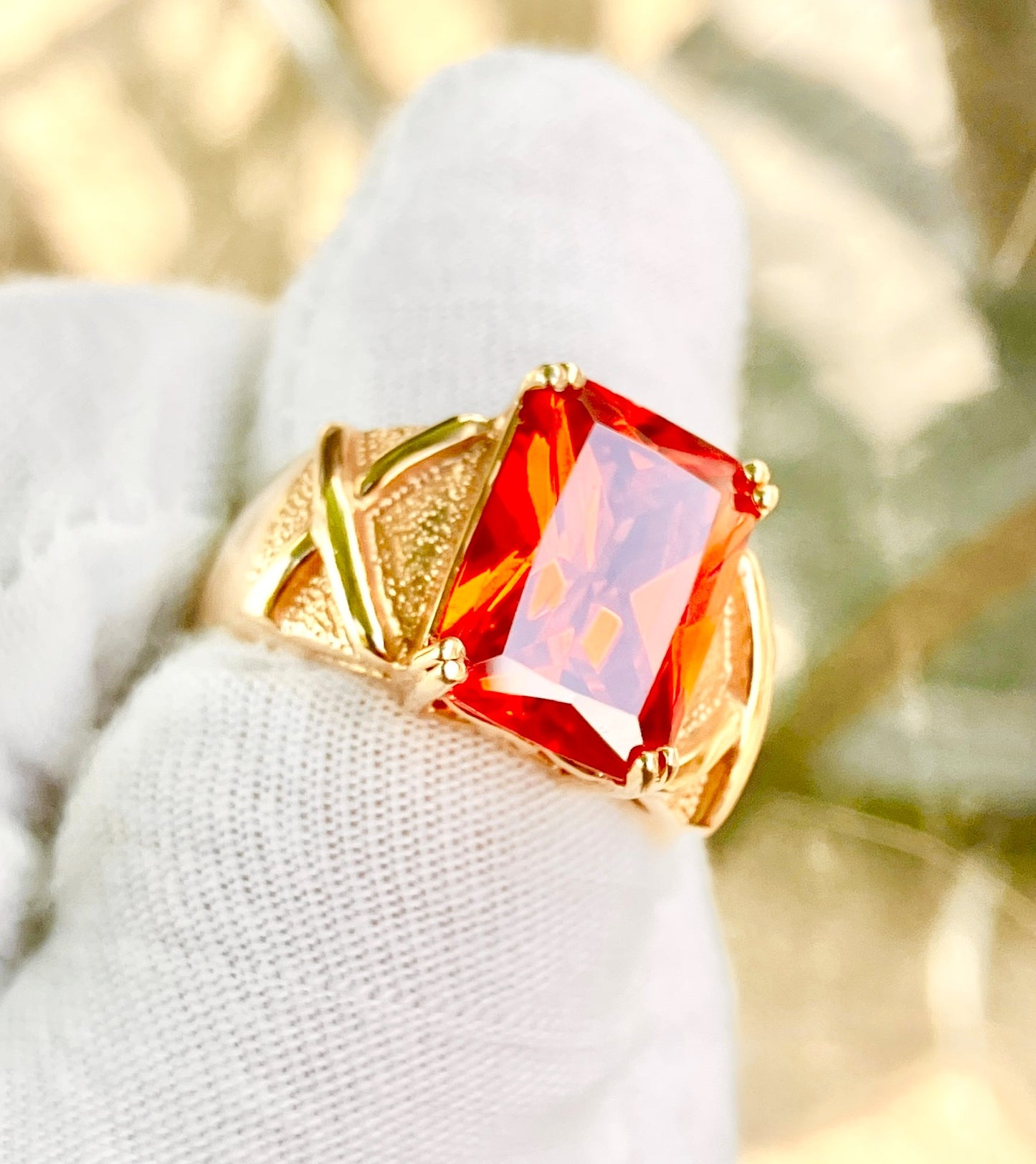 Gold Plated Emerald Cut Fire Red Orange "Spinel" in Studded Criss Cross Setting Ring