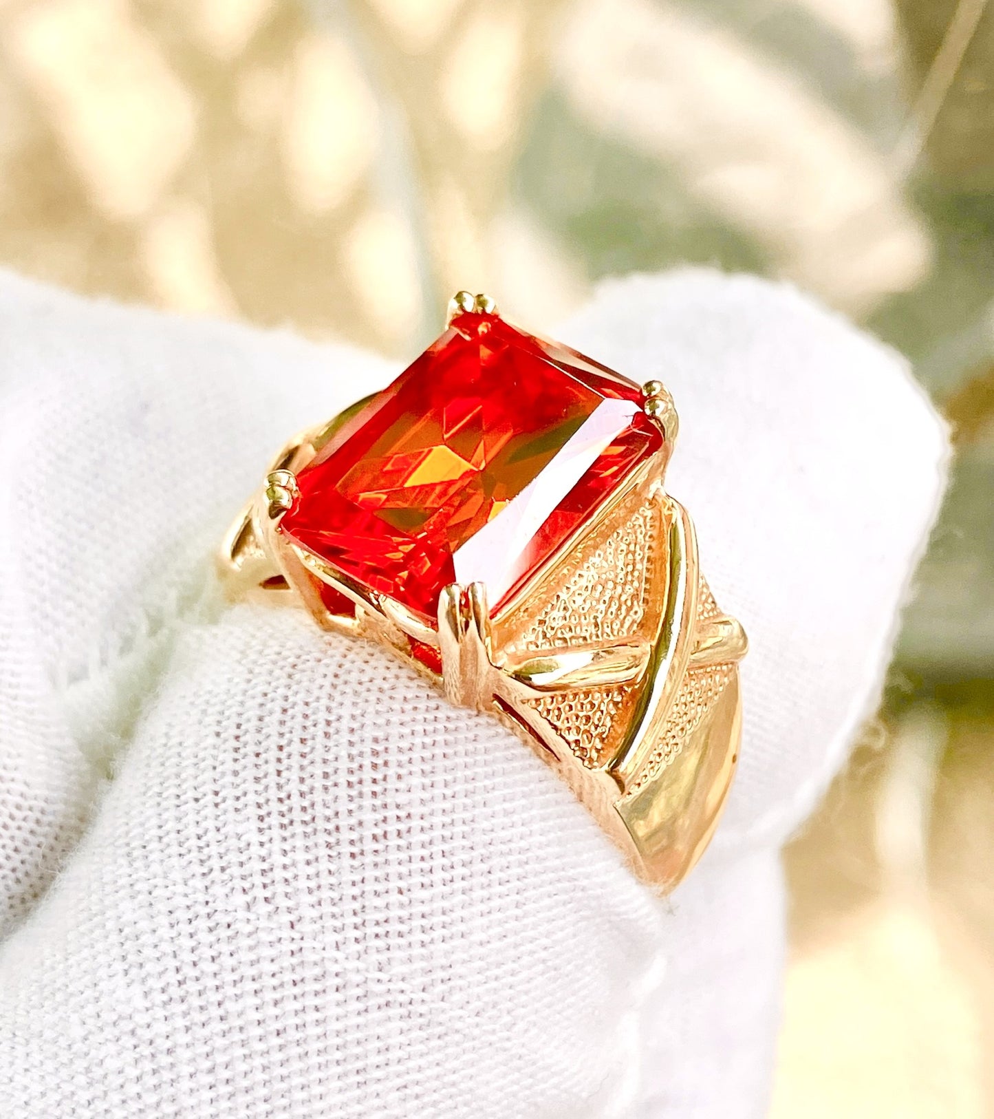 Gold Plated Emerald Cut Fire Red Orange "Spinel" in Studded Criss Cross Setting Ring