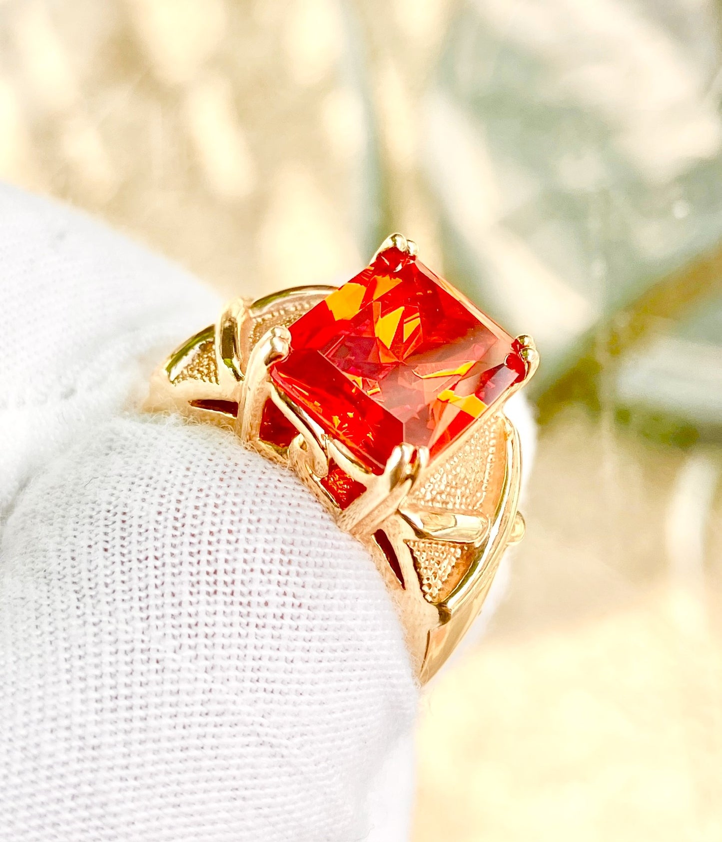Gold Plated Emerald Cut Fire Red Orange "Spinel" in Studded Criss Cross Setting Ring