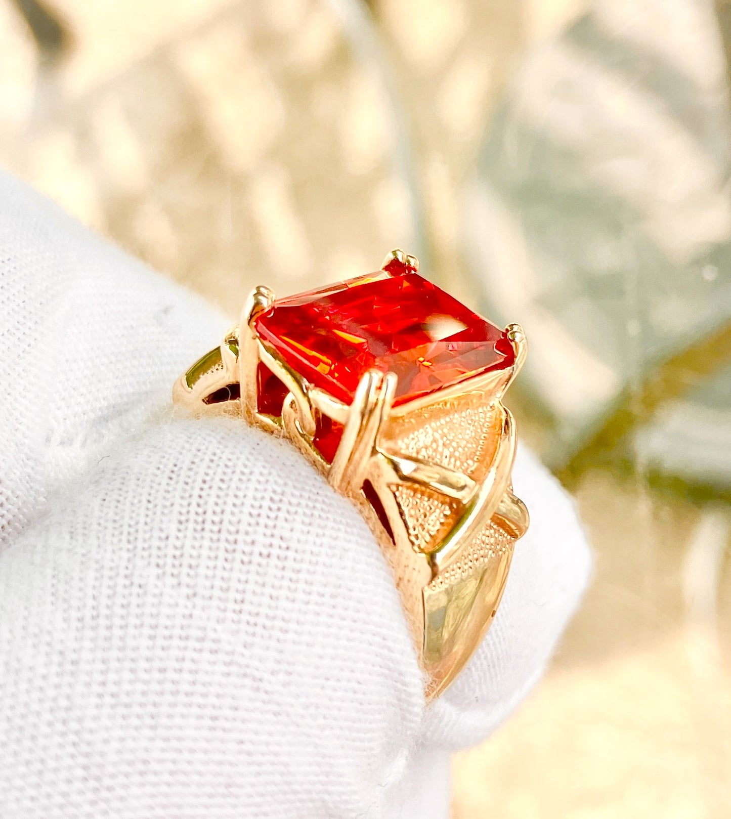 Gold Plated Emerald Cut Fire Red Orange "Spinel" in Studded Criss Cross Setting Ring