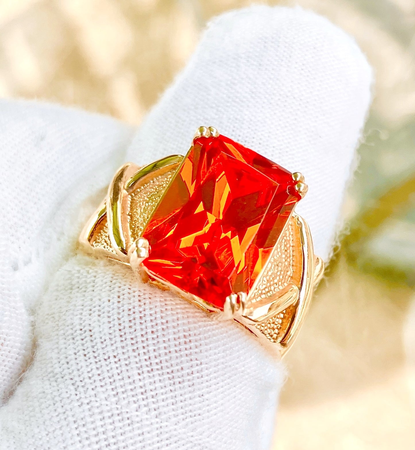 Gold Plated Emerald Cut Fire Red Orange "Spinel" in Studded Criss Cross Setting Ring