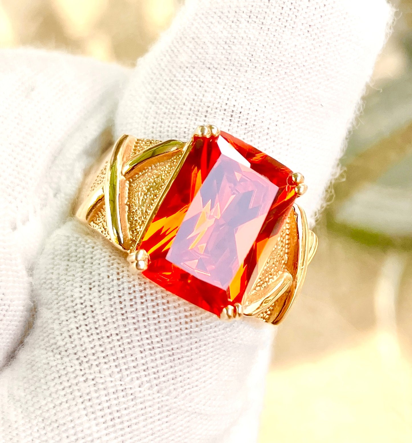 Gold Plated Emerald Cut Fire Red Orange "Spinel" in Studded Criss Cross Setting Ring