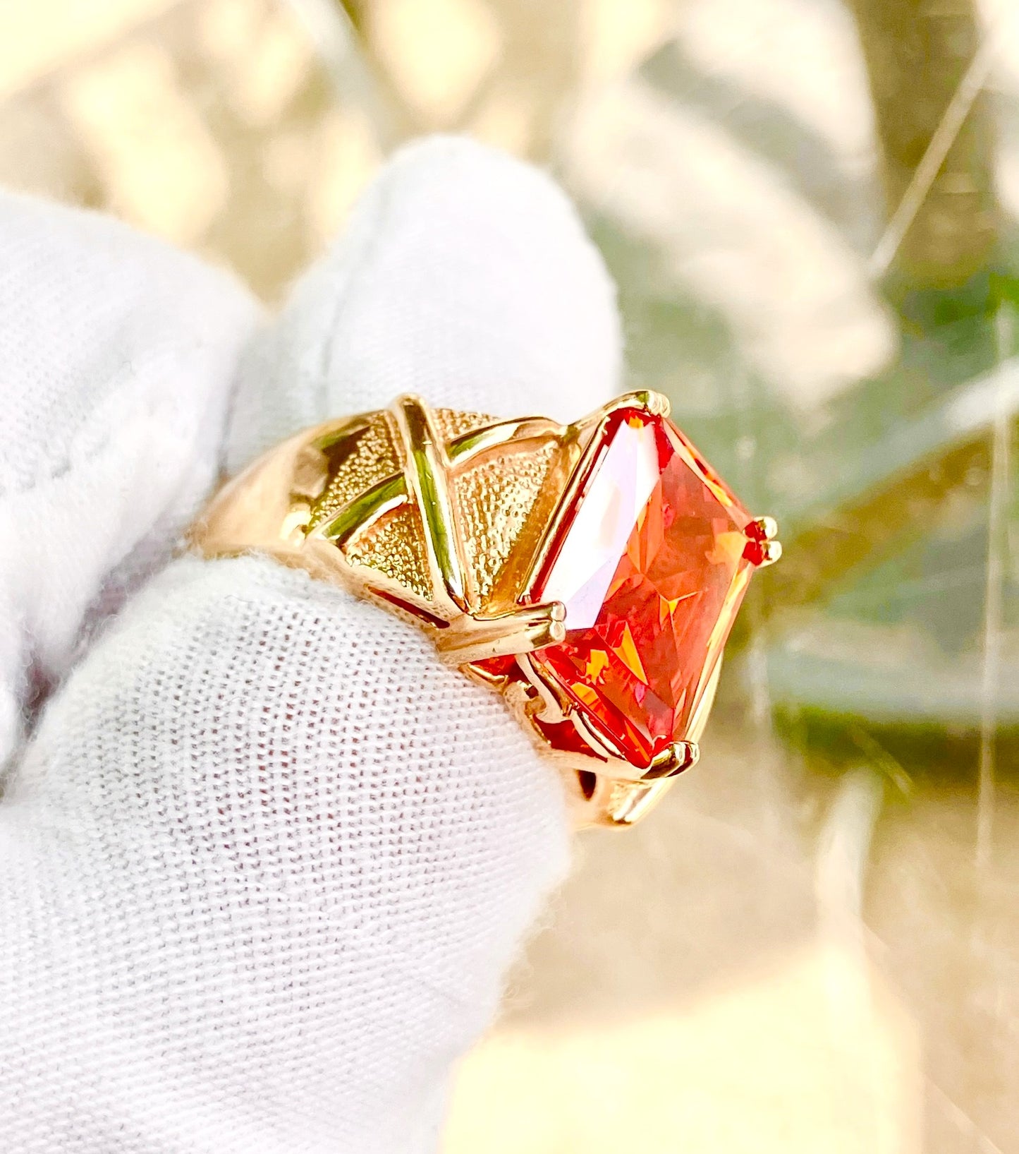 Gold Plated Emerald Cut Fire Red Orange "Spinel" in Studded Criss Cross Setting Ring