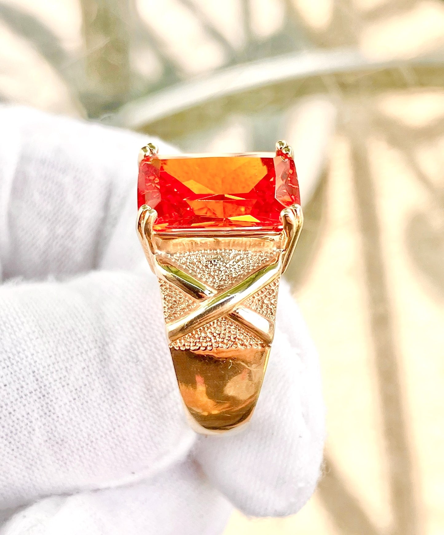 Gold Plated Emerald Cut Fire Red Orange "Spinel" in Studded Criss Cross Setting Ring