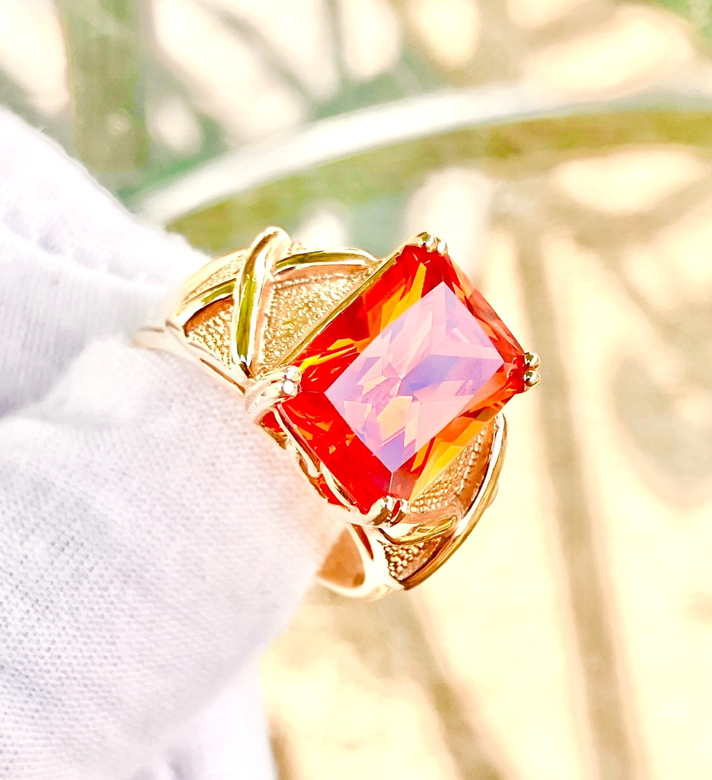 Gold Plated Emerald Cut Fire Red Orange "Spinel" in Studded Criss Cross Setting Ring