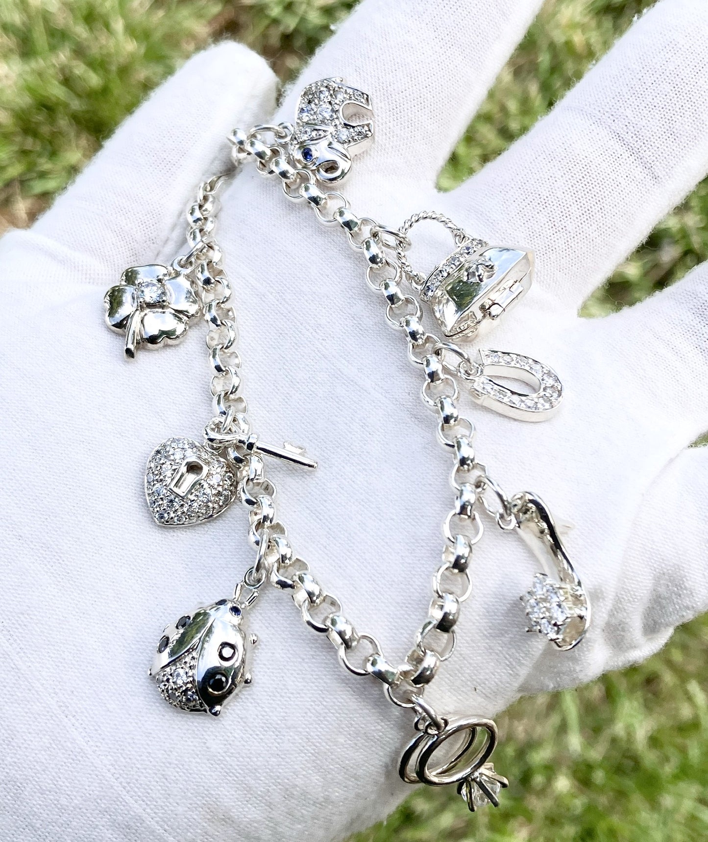 Rolo Link “Diamond” Studded Charm Bracelet