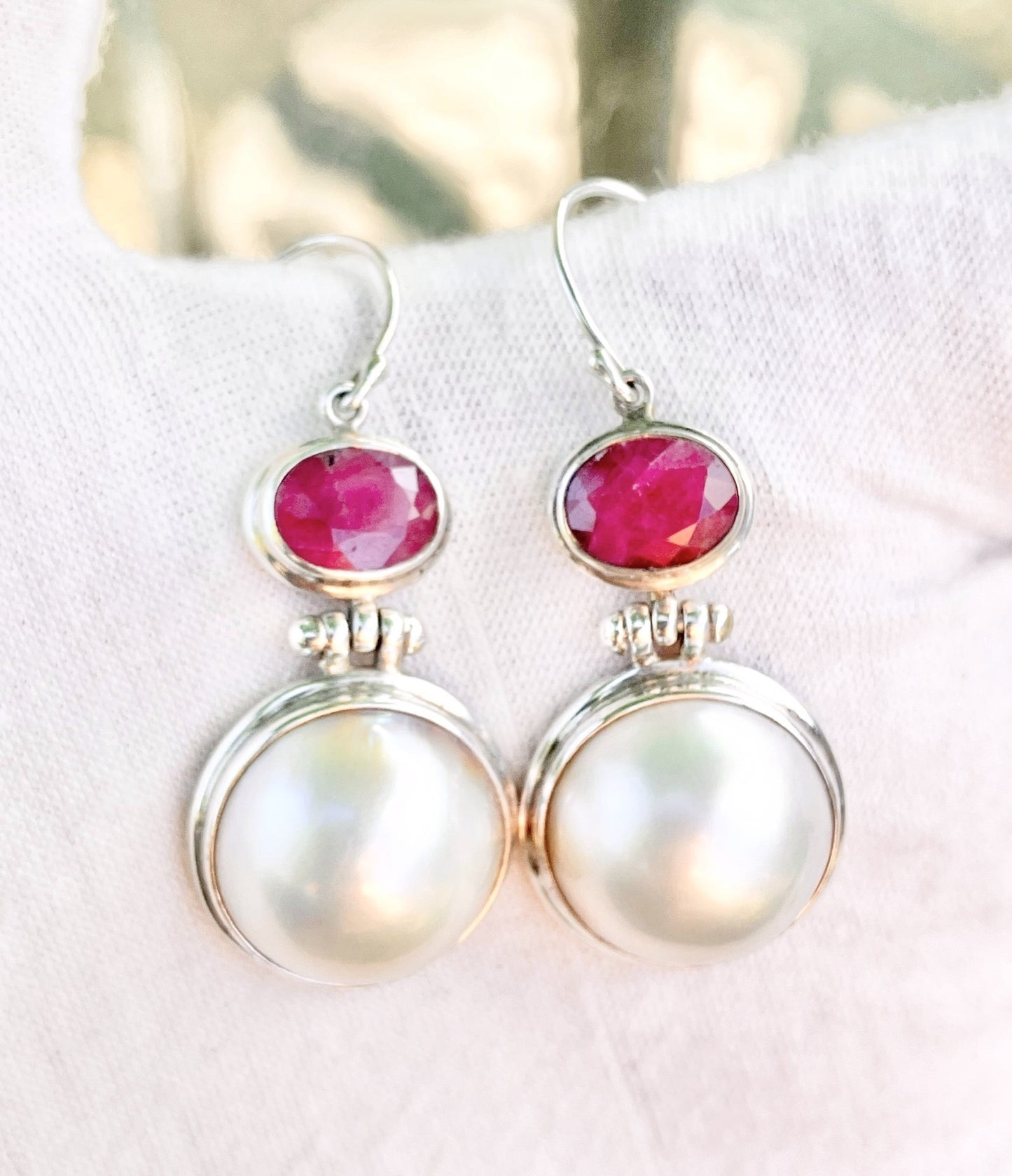 Pearl and Ruby French Hook Earrings