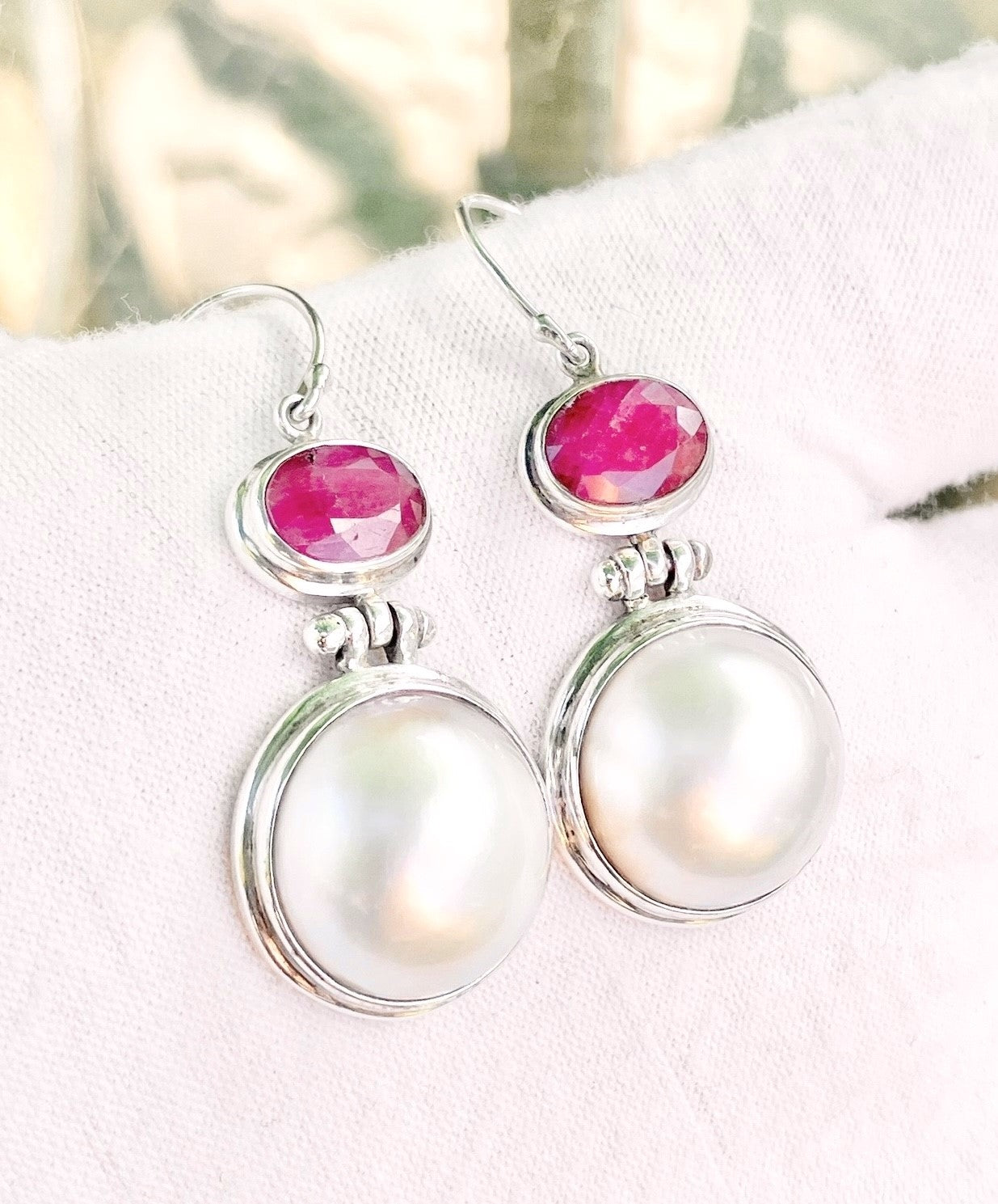 Pearl and Ruby French Hook Earrings