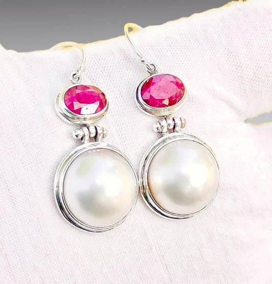 Pearl and Ruby French Hook Earrings