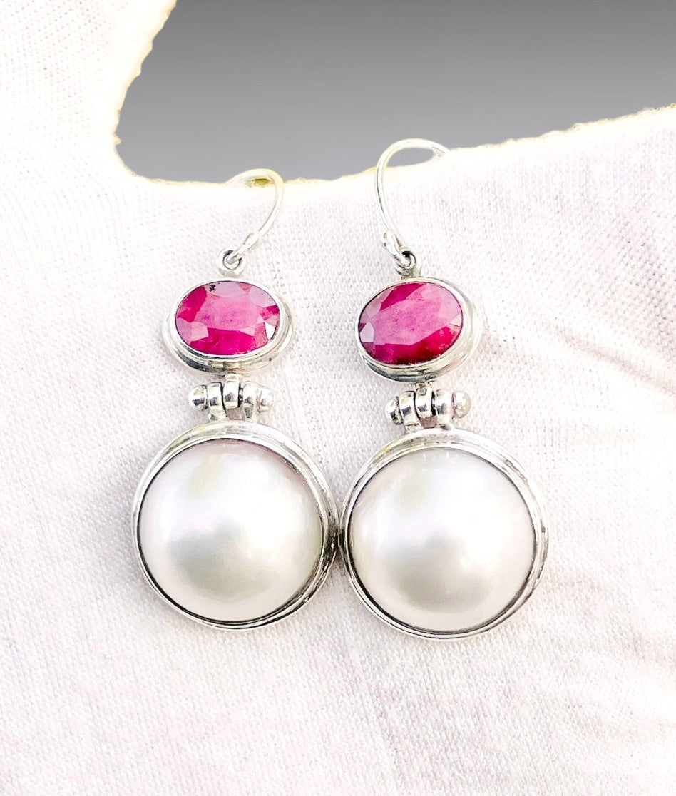 Pearl and Ruby French Hook Earrings