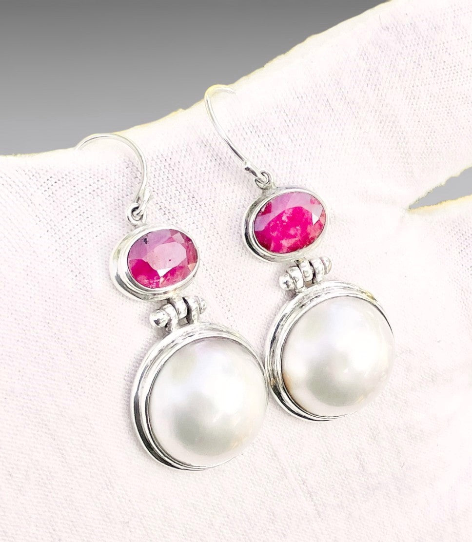 Pearl and Ruby French Hook Earrings