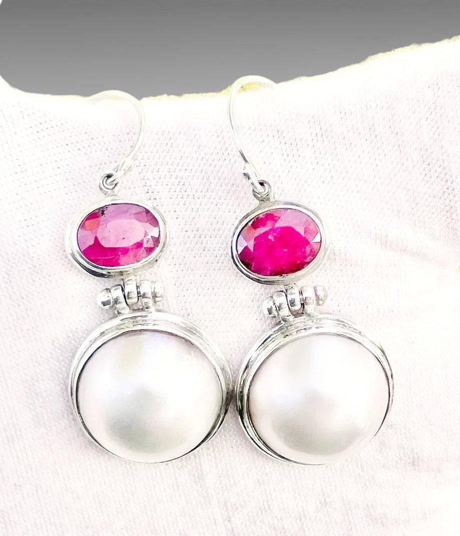 Pearl and Ruby French Hook Earrings