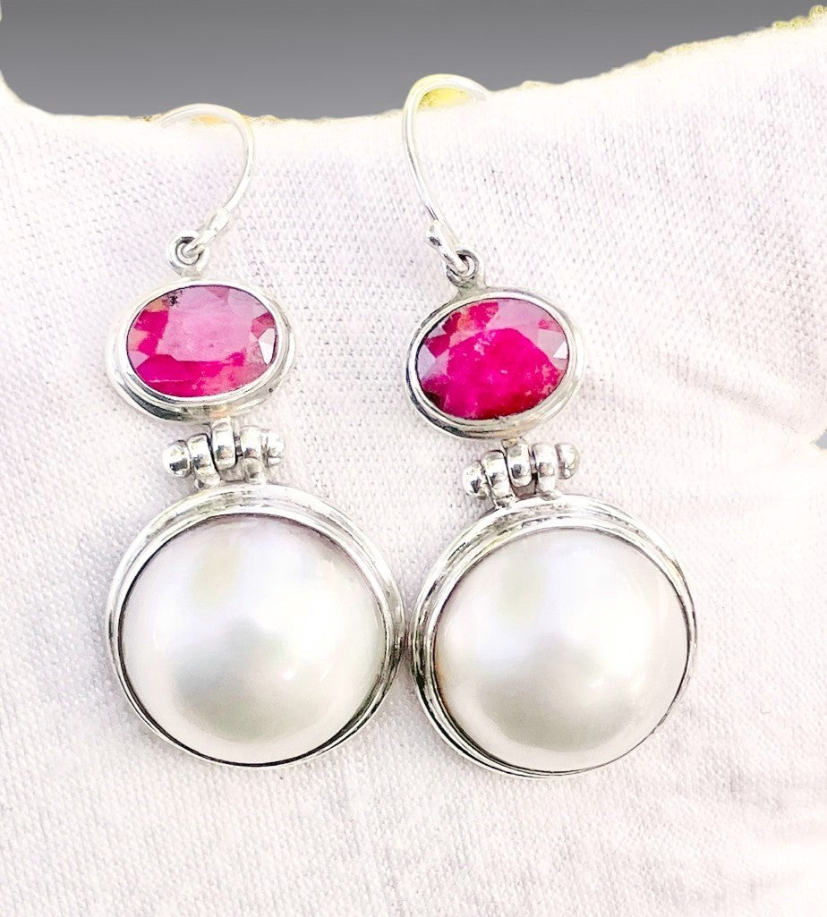Pearl and Ruby French Hook Earrings