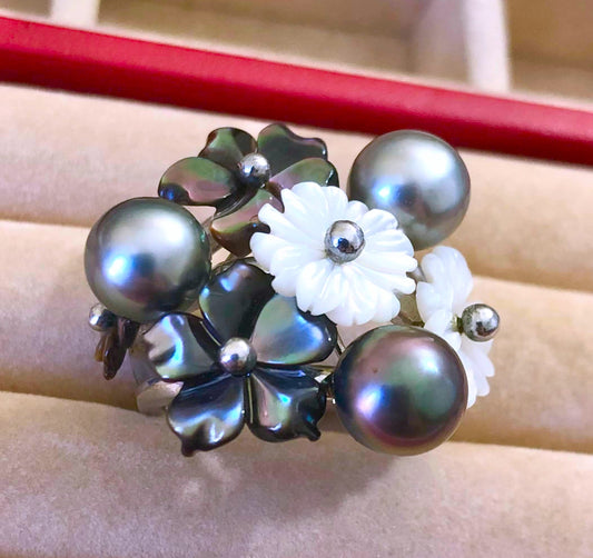 Multi-Color Pearls with Mother of Pearl and Pearl Flowers Ring