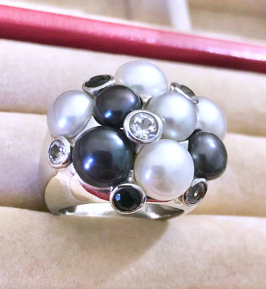 Cluster Tahitian & Silver Pearls with Black & Colorless Bezel Set "Diamonds" Ring