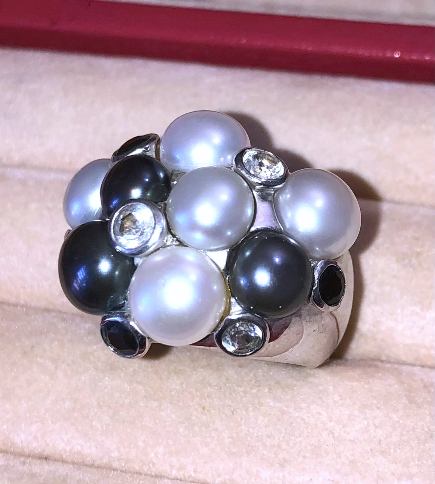 Cluster Tahitian & Silver Pearls with Black & Colorless Bezel Set "Diamonds" Ring