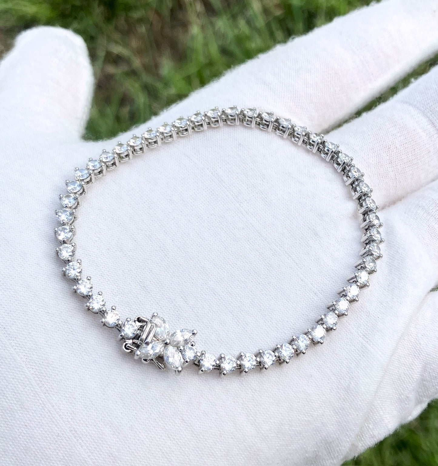 “Diamond” Tennis Bracelet with Marquise “Diamond” Floral Clasp