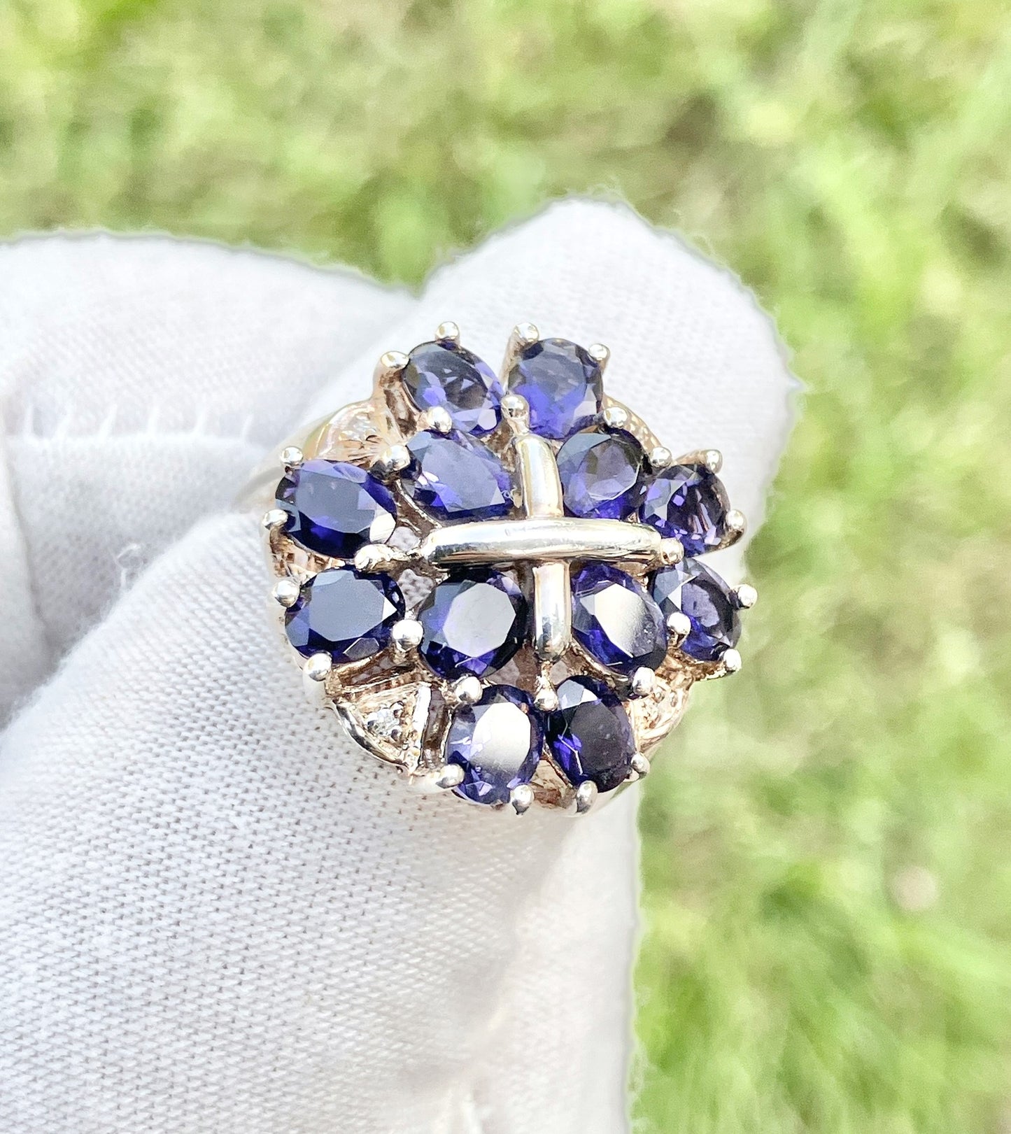 Oval Cut Iolite Cluster Ring with Diamond Accents