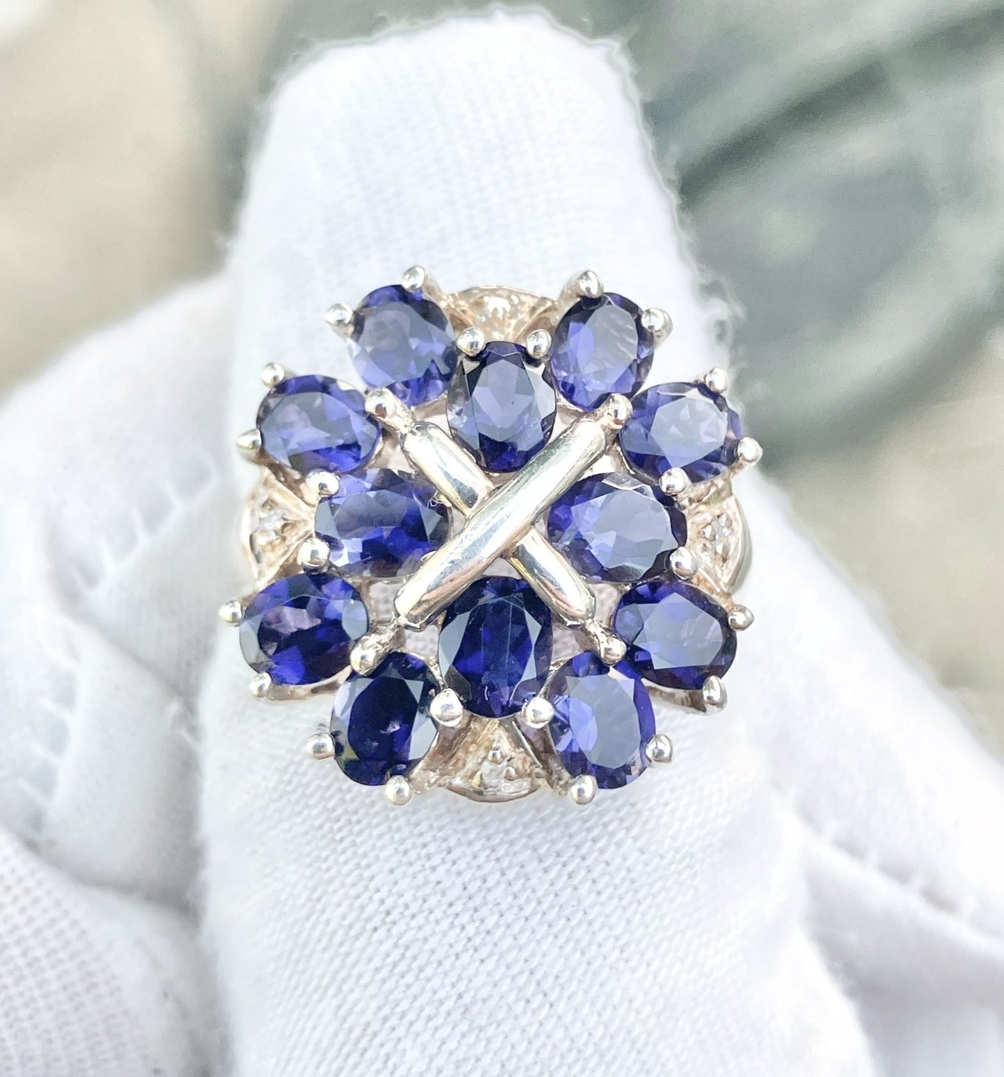 Oval Cut Iolite Cluster Ring with Diamond Accents