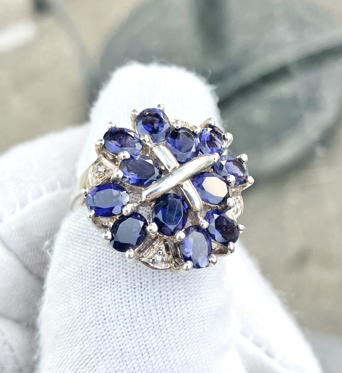 Oval Cut Iolite Cluster Ring with Diamond Accents