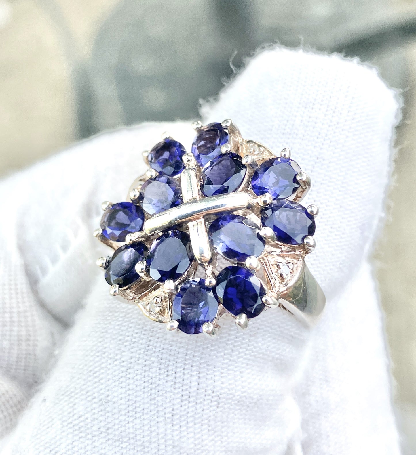 Oval Cut Iolite Cluster Ring with Diamond Accents
