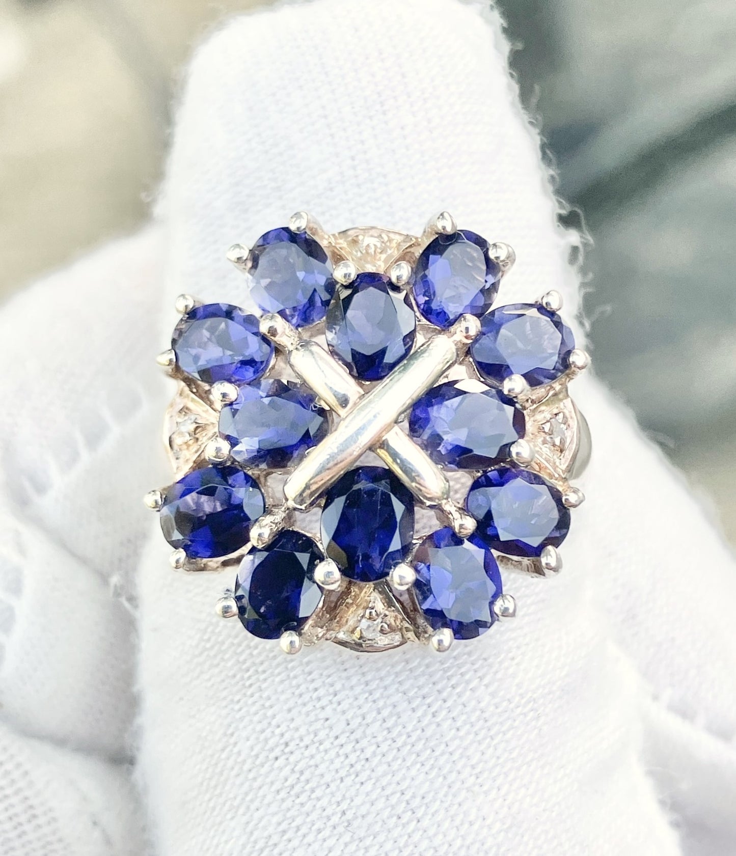 Oval Cut Iolite Cluster Ring with Diamond Accents