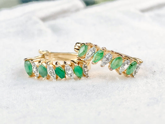 Gold Plated Emerald and Diamond Huggie Earrings