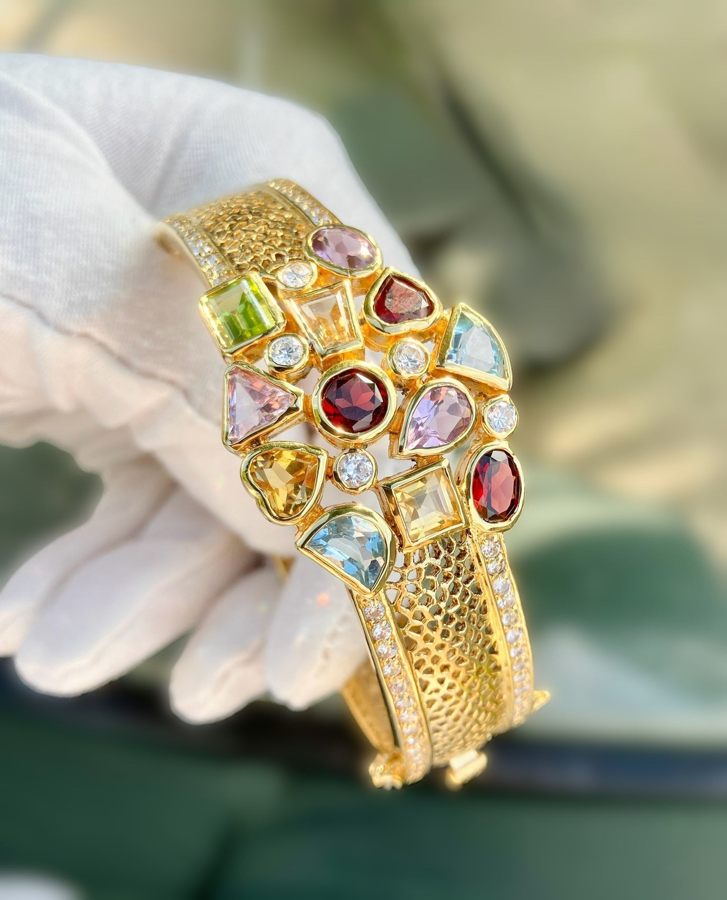 Gold Plated Multi-Stone Filigree Bangle with “Diamond” Accents