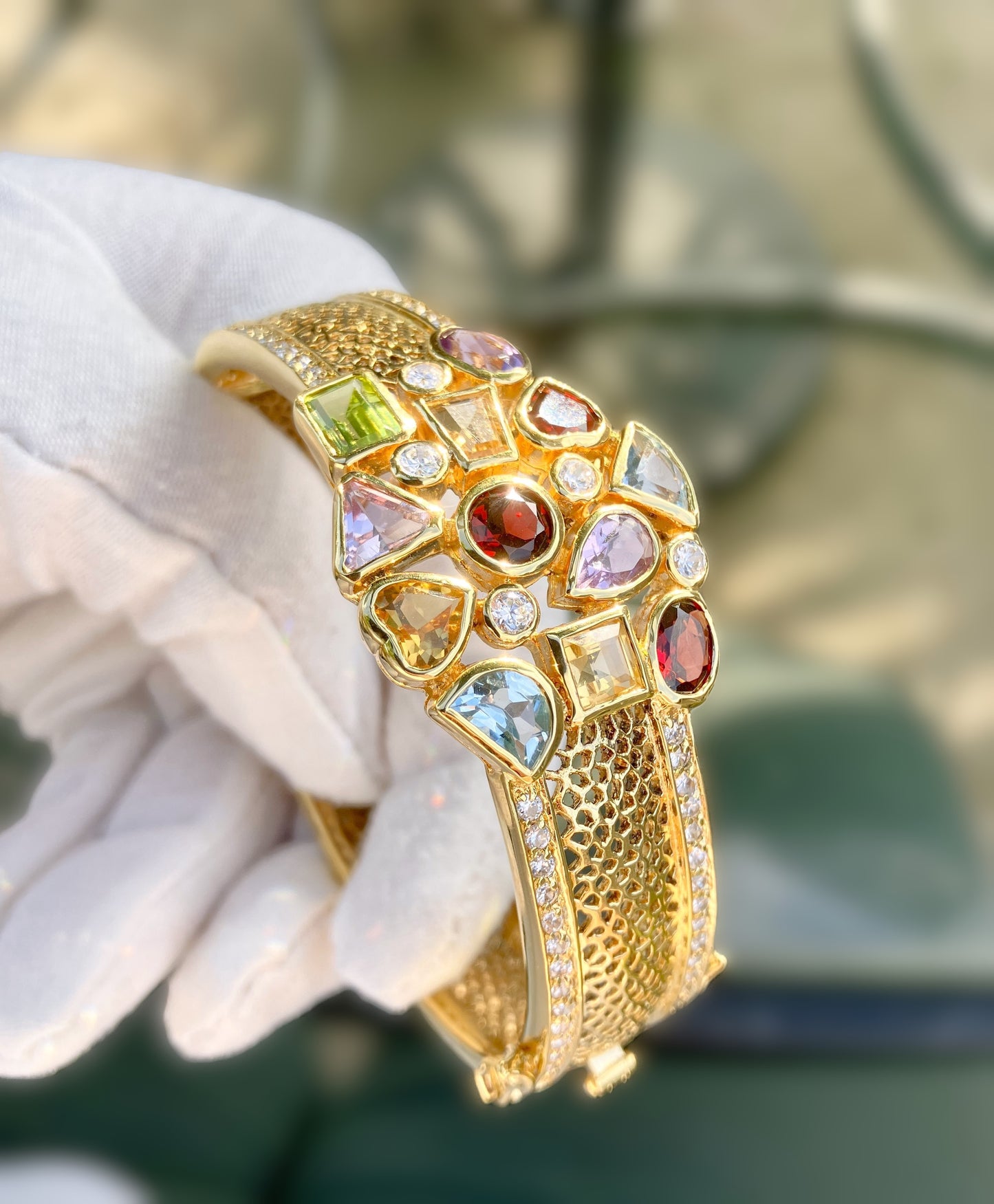 Gold Plated Multi-Stone Filigree Bangle with “Diamond” Accents