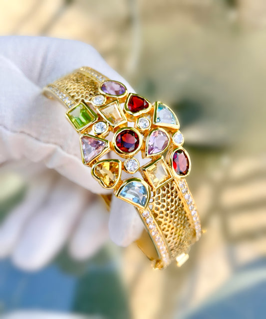 Gold Plated Multi-Stone Filigree Bangle with “Diamond” Accents